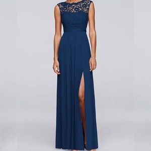 David’s Bridal lace marine navy blue maxi dress